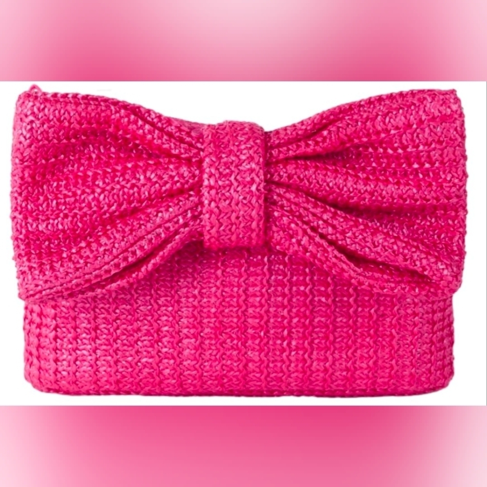 Women's Pink Straw Bow Clutch Handbag NWOT